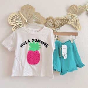 Zara Crochet Tee + NWT Teal Shorts Set